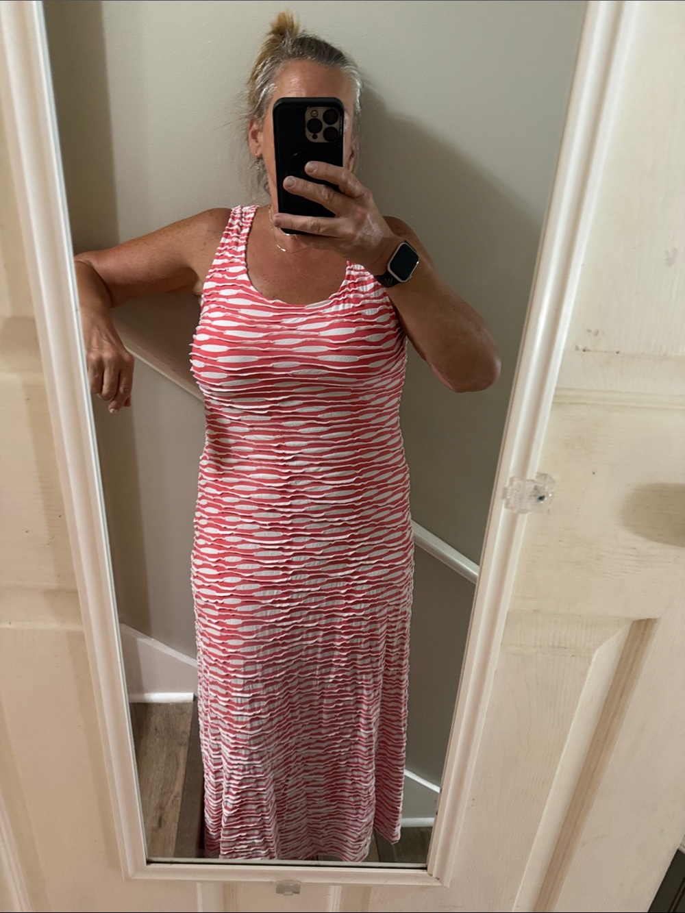Beige by ECI L Coral White Textured Stripe Maxi Dress